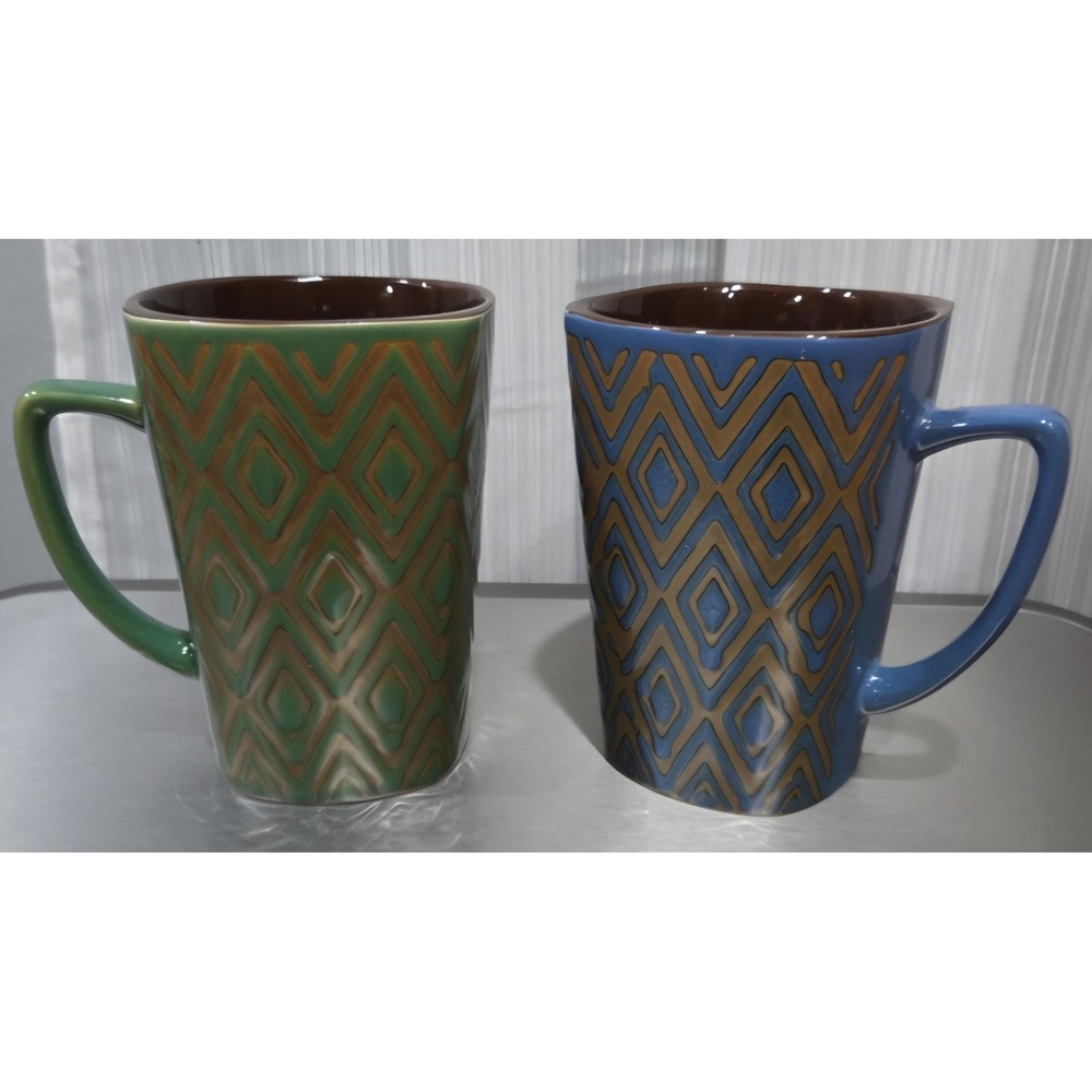 Pfaltzgraff Set Of 2 Coffee Mug Heavy Duty Thick 5" Tall Cup Green And Blue